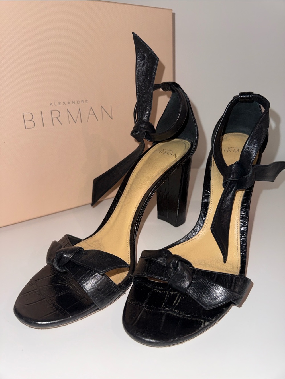 Alexandre Birman Black Leather Bow Tie Block-Heel Sandals